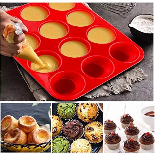 Grande Molde de Silicona para 12 Magdalenas, Juego de 2 Bandejas para Hornear Muffin con Recubrimiento Antiadherente para Muffins, Cupcake, Brownie, Budín 33 x 25x 3 cm (Rojo)