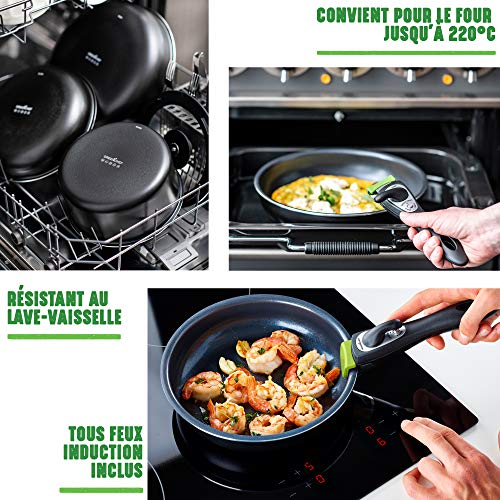 Greenchef CC001378 – 001 Set de 3 piezas, compuesto de 2 sartenes (20 + 26 cm) y un asa extraíble, negro