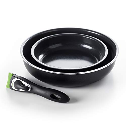 Greenchef CC001378 – 001 Set de 3 piezas, compuesto de 2 sartenes (20 + 26 cm) y un asa extraíble, negro