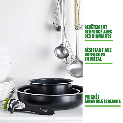 Greenchef CC001378 – 001 Set de 3 piezas, compuesto de 2 sartenes (20 + 26 cm) y un asa extraíble, negro