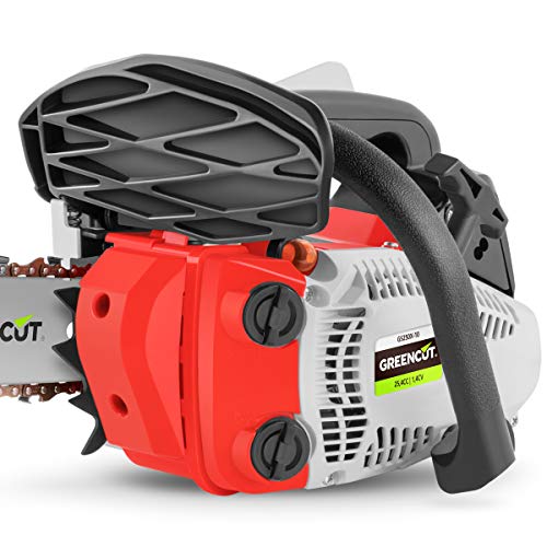 GREENCUT GS250X-10 - Motosierra Poda de gasolina 25,4cc y 1,4cv con espada de 10'' Arranque Easy-Start, Sistema Anti-Vibración, Incluye protector de espada y KIT