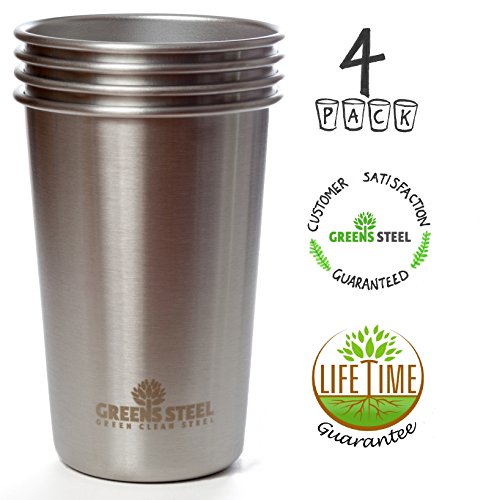 Greens Steel Taza de Acero Inoxidable de 16 oz/473ml (Paquete de 4) Vasos Copas de Metal Tumbler Apilables Premium