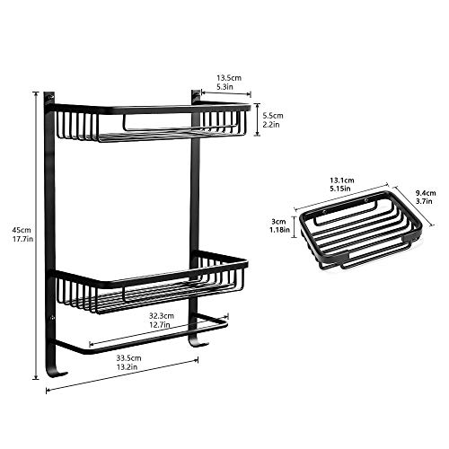 Gricol Estante de Ducha Adhesivo Cuadrado sin Perforar Estantes de Pared de Aluminio Organizador de Almacenamiento con Canastas de Barra en 2 Niveles con Jabonera para Cocina y Baño Negro