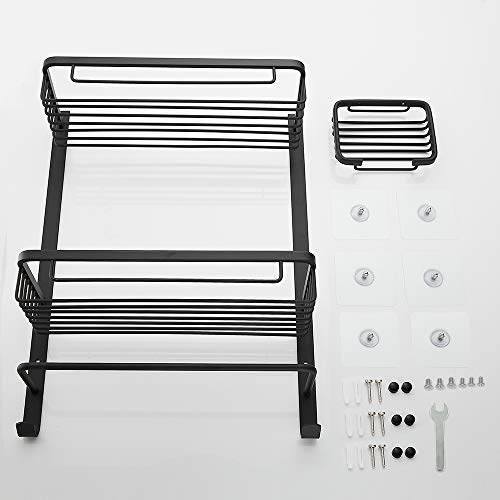 Gricol Estante de Ducha Adhesivo Cuadrado sin Perforar Estantes de Pared de Aluminio Organizador de Almacenamiento con Canastas de Barra en 2 Niveles con Jabonera para Cocina y Baño Negro