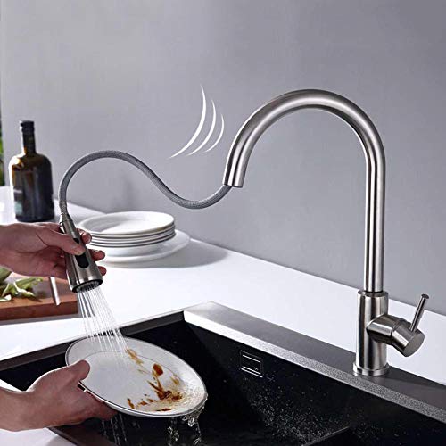 Grifo Cocina Tactil Alto Caño Extraible 360° Giratorio 2 Funciones con Ducha Grifos de Fregadero Mezclador para Agua Fría y Caliente Grifos Fregadero-Negro