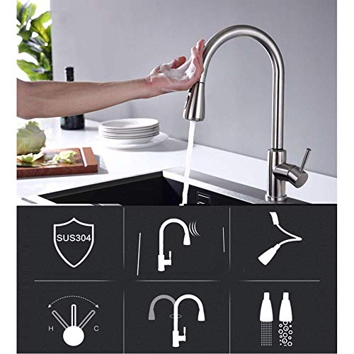 Grifo Cocina Tactil Alto Caño Extraible 360° Giratorio 2 Funciones con Ducha Grifos de Fregadero Mezclador para Agua Fría y Caliente Grifos Fregadero-Negro