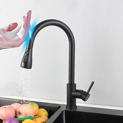 Grifo Cocina Tactil Alto Caño Extraible 360° Giratorio 2 Funciones con Ducha Grifos de Fregadero Mezclador para Agua Fría y Caliente Grifos Fregadero-Negro