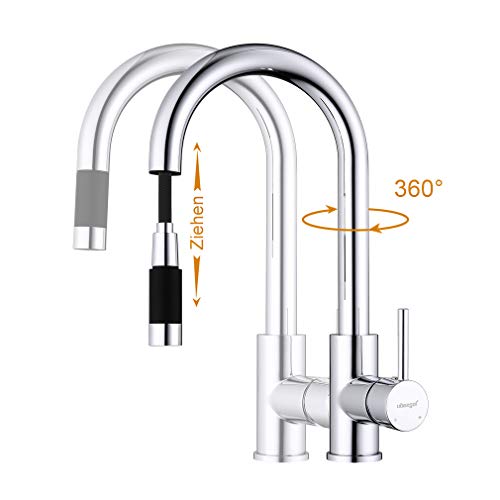 Grifo de cocina con función ducha de ubeegol, de latón cromado, extensible, gira 360º (para fregadero)