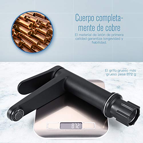 Grifo Lavabo Negro Dalmo, Grifo de Baño con Aireador Desmontable sin Herramienta, Agua Fría y Caliente, Grifos Lavabos Monomando sin Plomo y Grifería de Latón, Ahorra del Agua 30%