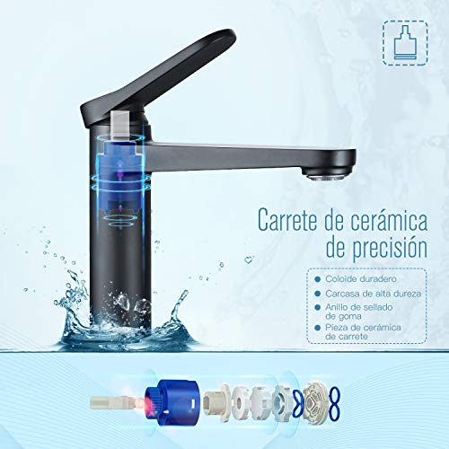 Grifo Lavabo Negro Dalmo, Grifo de Baño con Aireador Desmontable sin Herramienta, Agua Fría y Caliente, Grifos Lavabos Monomando sin Plomo y Grifería de Latón, Ahorra del Agua 30%