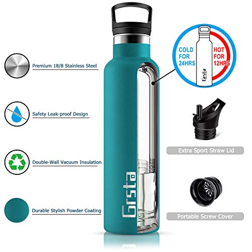 Grsta Botella Agua Acero Inoxidable - Termo para Agua Fria 750ml/Verde Oscuro Botella Termica sin BPA Aislamiento de Vacío de Doble Pared Reutilizable para Niños, Colegio, Sport, Familia