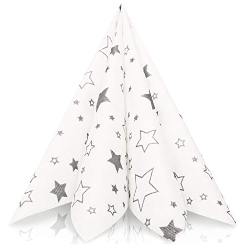 GRUBly servilletas de Papel - Navidad Estrellas de Plata | Material Similar | Decoración de la Mesa Navidad | 40x40cm | AIRLAID Calidad | Paquete de 50