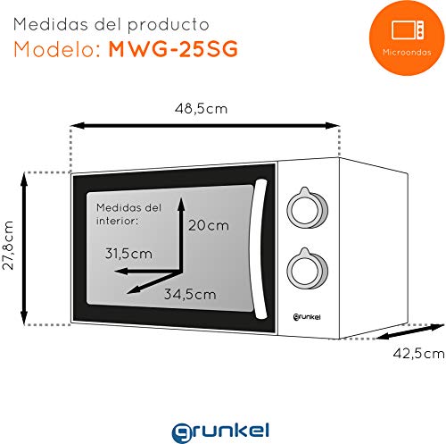 Grunkel - MWG-25SG - Microondas con grill de 25l de capacidad y 6 niveles de potencia. Función descongelación y temporizador hasta 30 minutos - 900W - Blanco