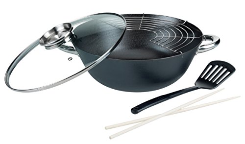 GSW 860956 - Set de Wok, con Tapa de Cristal, 5 Piezas, 6,2 L, 32 cm, Hierro Fundido, Color Negro