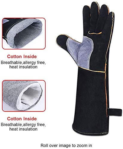 Guantes de piel resistentes al fuego con costuras de Kevlar, ideales para chimenea, estufa, horno, parrilla, soldadura, barbacoa, cerdo, soporte para olla, manipulación de animales, color negro y gris