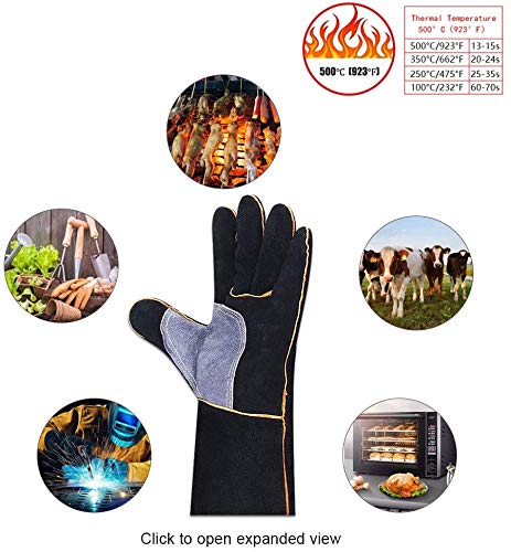 Guantes de piel resistentes al fuego con costuras de Kevlar, ideales para chimenea, estufa, horno, parrilla, soldadura, barbacoa, cerdo, soporte para olla, manipulación de animales, color negro y gris