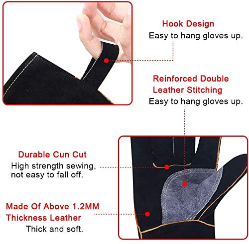 Guantes de piel resistentes al fuego con costuras de Kevlar, ideales para chimenea, estufa, horno, parrilla, soldadura, barbacoa, cerdo, soporte para olla, manipulación de animales, color negro y gris