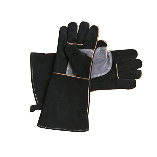 Guantes de piel resistentes al fuego con costuras de Kevlar, ideales para chimenea, estufa, horno, parrilla, soldadura, barbacoa, cerdo, soporte para olla, manipulación de animales, color negro y gris