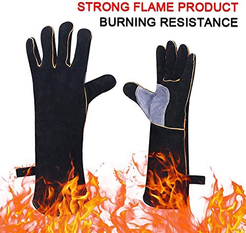 Guantes de piel resistentes al fuego con costuras de Kevlar, ideales para chimenea, estufa, horno, parrilla, soldadura, barbacoa, cerdo, soporte para olla, manipulación de animales, color negro y gris