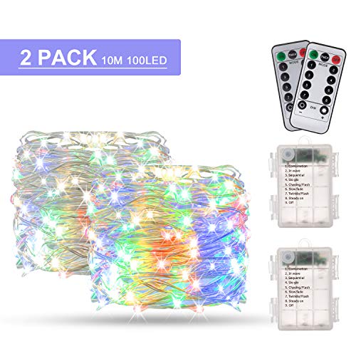 Guirnalda Luces Multicolor 10M 100 LED, BAKTH Cadena de Luces Impermeable IP67, Luces Navidad Pilas y Luces de Hadas para Decorativas, Navidad, Habitacion, Fiesta, Jardín, Bodas, Césped