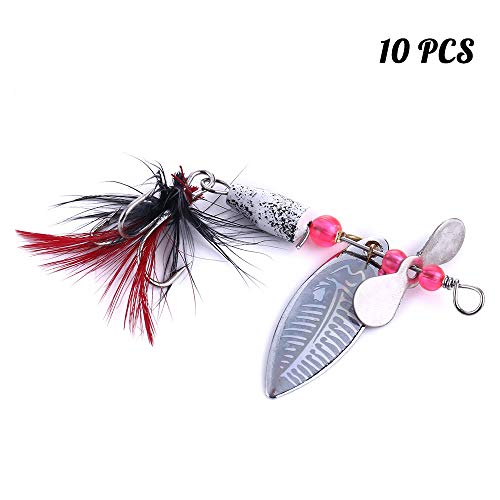 GWFISH Cebos Spinner, Señuelos De Pesca Spinners Spinerbaits con Pluma Y Tres Anzuelos, Sauce Tipo Cebo Biónico para Peces Depredadores como Peces Feroces,10pcs