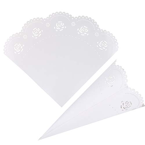 GWHOLE 100 piezas Conos Papel Arroz Boda Blanco, Diseño de Rosa Hueco, Cucuruchos Pétalos Confeti Decoración Boda con Cinta Adhesiva Doble