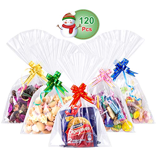 GWHOLE 120 Unids Bolsas de Celofán de Plástico Bolsa Transparente para Galletas Chocolates Chuches Dulces Bolsa Regalos -16 x 26 cm, Viene Lazos Decoraciones