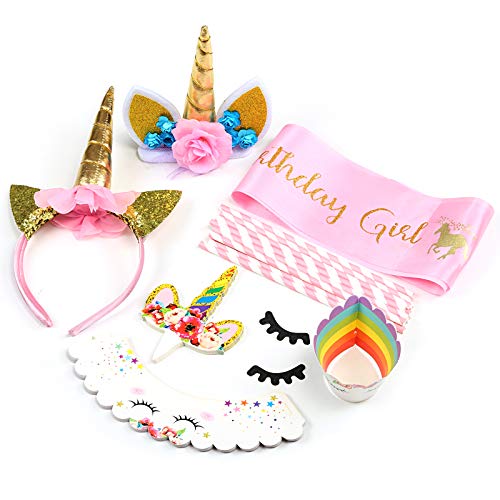 GWHOLE 41 Piezas Unicornio Tema Decoración de Fiesta Incluido Decoraciones de Pasteles, Diadema de Unicornio Flores y Faja de Satén para Cumpleaño Niñas Bebé