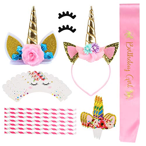 GWHOLE 41 Piezas Unicornio Tema Decoración de Fiesta Incluido Decoraciones de Pasteles, Diadema de Unicornio Flores y Faja de Satén para Cumpleaño Niñas Bebé