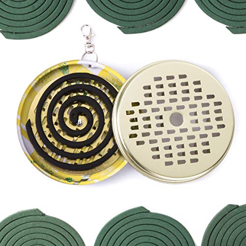 GWHOLE Porta-inciensos Antimosquitos de de Acero Inoxidable con Tapa para Interiores y Exteriores Caja para Espiral Mosquito Soporte Mosquito Coil Holder Portátil- Color Dorado y Plato, Envío al Azar