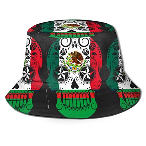 GYHJH Sombrero de Pescador de Calavera de azúcar con Bandera Mexicana Sombrero de Playa de Viaje Plegable para el Sol