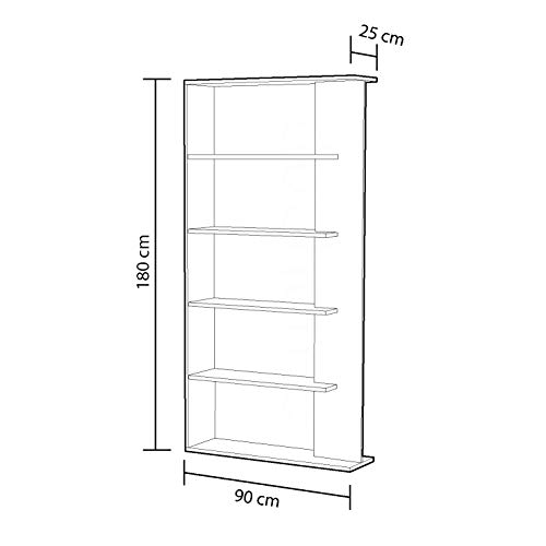 Habitdesign 0L2252A - Estantería 5 baldas, Librería Comedor Salon, Color Blanco Artik y Gris Cemento, Modelo Alida, Medidas: 90 cm (Largo) x 180 cm (Alto) x 25 cm (Fondo)