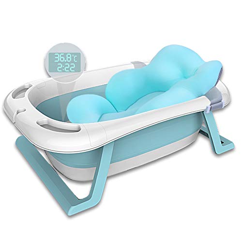 Haioo Bañera Plegable Bebé, Bañeras para Bebes de Viaje de 0 a 36 meses (Azul, Cojín + Termómetro)