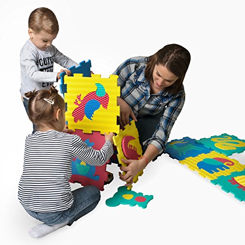 Hakuna Matte Alfombra Puzzle Infantil para Niños | 12 Piezas Espuma EVA con Animales Safari | 20% + Gruesa y Suave para Gatear y Aprender, 100% Segura, No Tóxica, sin Olor