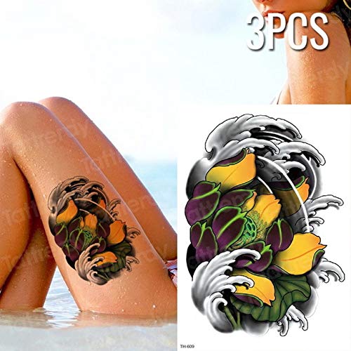 Handaxian 3pcs Tatuaje Mujer Flor Impermeable Tatuaje Flor de peonía de Loto Tatuaje 3pcs-1