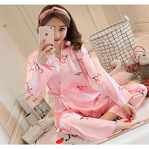 Handaxian Pijama de Mujer Pijama de Primavera y otoño Estampado de Seda Dulce Damas niñas Pijama de Seda Set 2 L