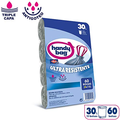 Handy Bag Bolsas de Basura 30L, Ultra Resistentes, No gotean, 60 Bolsas