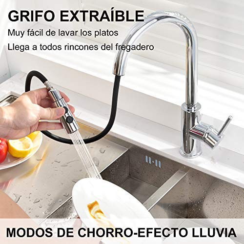 Hapilife Grifo Cocina Extraible Grifos de Cocina Fregadero Grifos Cocina Extensible Grifo Monomando Cocina Griferia Cocina con Dos Modos de Chorro Antical Cromado 10 Años de Garantía