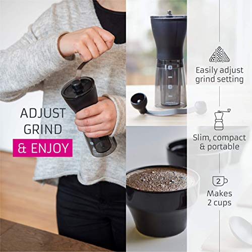 HARIO Compact & Adjustable Hand Coffee Grinder with Burrs, Black Mini Mill Plus | Molinillo de café de mano compacto y ajustable con rebabas de cerámica, negro transparente, plástico