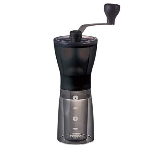 HARIO Compact & Adjustable Hand Coffee Grinder with Burrs, Black Mini Mill Plus | Molinillo de café de mano compacto y ajustable con rebabas de cerámica, negro transparente, plástico