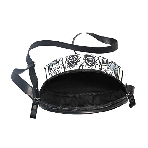 HATESAH Ilustración de Calavera de azúcar de Calavera Figura de Diamante y Rosas diseño Vintage Renacimiento Crema Gris blac，Bolso Redondo, Bandolera, Mujer, Lona, Bolso de Mensajero Casual