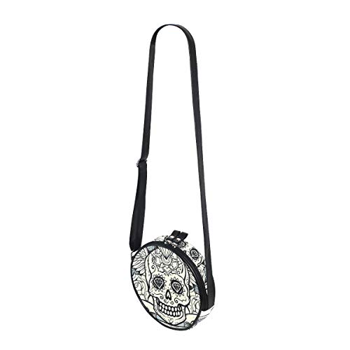 HATESAH Ilustración de Calavera de azúcar de Calavera Figura de Diamante y Rosas diseño Vintage Renacimiento Crema Gris blac，Bolso Redondo, Bandolera, Mujer, Lona, Bolso de Mensajero Casual