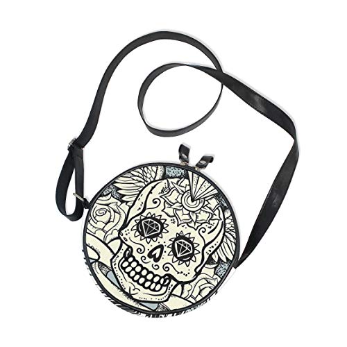 HATESAH Ilustración de Calavera de azúcar de Calavera Figura de Diamante y Rosas diseño Vintage Renacimiento Crema Gris blac，Bolso Redondo, Bandolera, Mujer, Lona, Bolso de Mensajero Casual