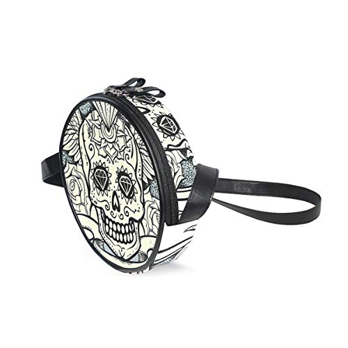 HATESAH Ilustración de Calavera de azúcar de Calavera Figura de Diamante y Rosas diseño Vintage Renacimiento Crema Gris blac，Bolso Redondo, Bandolera, Mujer, Lona, Bolso de Mensajero Casual