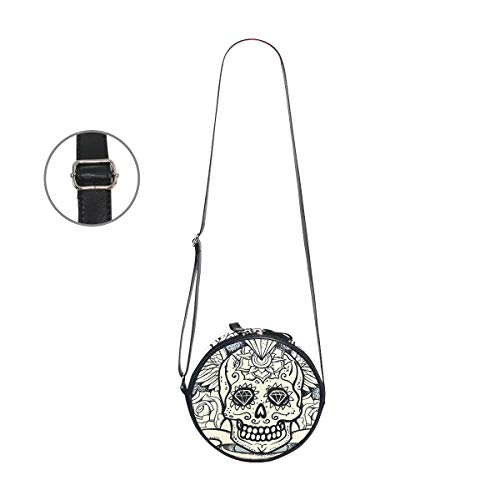 HATESAH Ilustración de Calavera de azúcar de Calavera Figura de Diamante y Rosas diseño Vintage Renacimiento Crema Gris blac，Bolso Redondo, Bandolera, Mujer, Lona, Bolso de Mensajero Casual