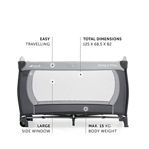 Hauck Sleep N Play Center - Cuna de viaje 7 piezas hasta 15 kg, altura recién nacido, con apertura lateral, ruedas, colchón, cambiador bebe, bolsa de transporte, plegable y regulable, gris