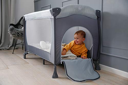 Hauck Sleep N Play Go Plus - Cuna de viaje 4 piezas, de nacimiento hasta 15 kg, con apertura lateral, ruedas, colchón, bolso de transporte, gris