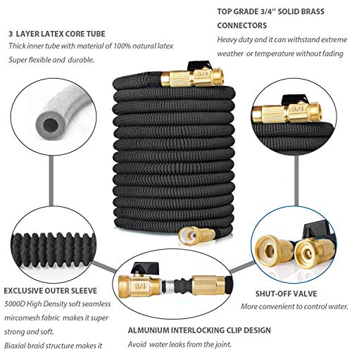 hblife Manguera Jardín Manguera De Jardín Extensible 8M/25FT con 8 Funciones De Cabeza De Aeroso,Profesional De Tela Expandible De Doble Látex con Núcleo Metálico (8M, Negro)