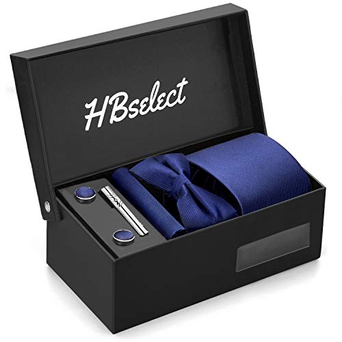 HBselect Conjuntos De Corbata y Pajarita, Pañuelo,Gemelos,Alfiler De Corbata Para Hombre (Azul Marino)