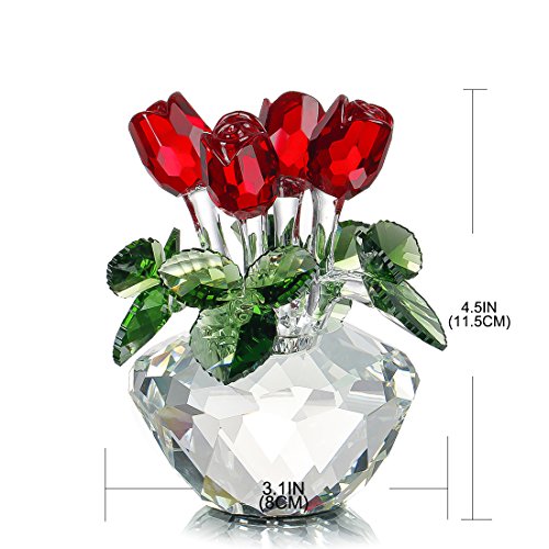 H&D - Figura decorativa de ramo de flores de cristal y rosa roja en caja de regalo